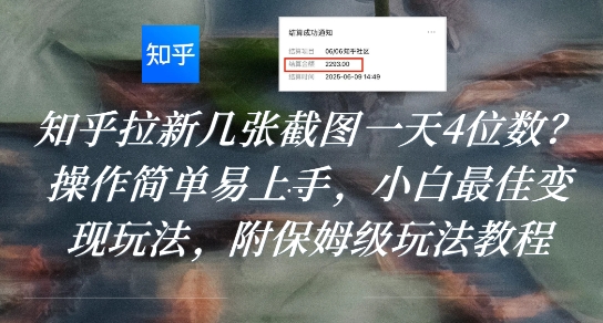 知乎拉新几张截图一天4位数？操作简单易上手，小白最佳变现玩法，附保姆级玩法教程-飞哥项目网