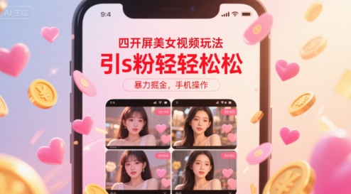 四开屏美女视频玩法，引s粉轻轻松松，暴力掘金，手机操作-飞哥项目网