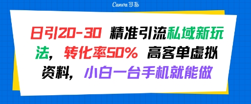 日引 20-30 精准引流私域新玩法，转化率50% 高客单虚拟资料，小白一台手机就能做-飞哥项目网