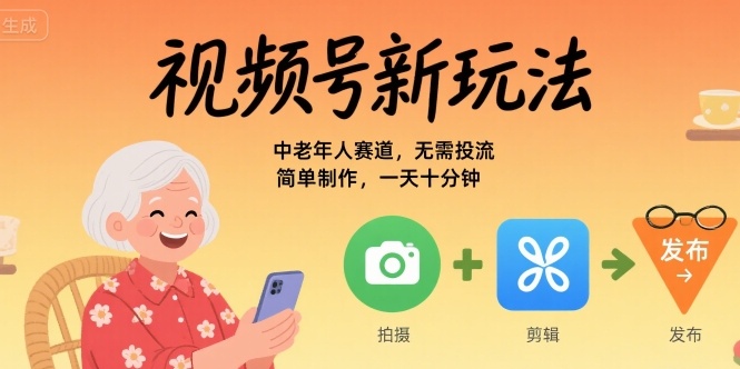 视频号新玩法，中老年人赛道，无需投流，简单制作，一天十分钟，月入1W-飞哥项目网