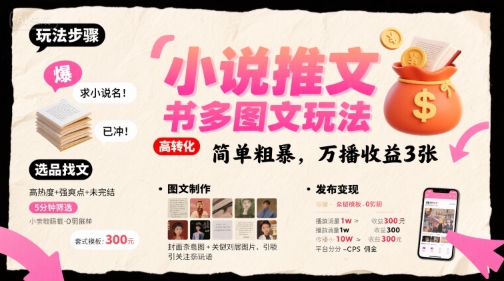 小说推文小红书多图文玩法，简单粗暴，万播收益3张-飞哥项目网