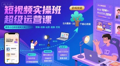 短视频实操班超级运营课，新手小白到短视频大神必修课程，剪辑-拍摄-运营-直播-变现-飞哥项目网
