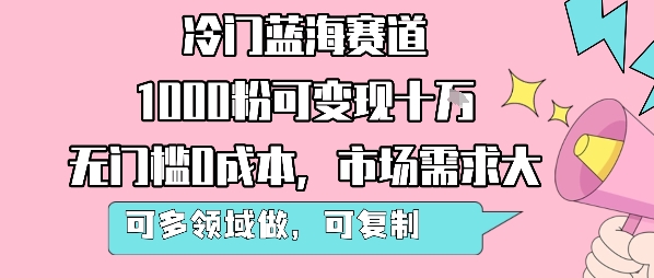 冷门蓝海赛道，1000粉可变现十W，无门槛0成本，市场需求大，可多领域做，可复制性强-飞哥项目网
