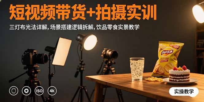 短视频带货+拍摄实训：三灯布光法详解,场景搭建逻辑拆解,饮品零食实景教学-飞哥项目网