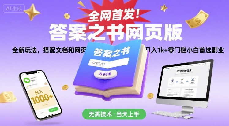 全网首发！答案之书网页版，全新玩法，搭配文档和网页，日入1k+零门槛小白首选副业-飞哥项目网