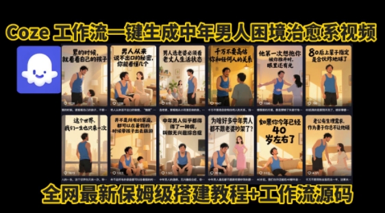 coze工作流一键生成”中年男人困境扎心高涨粉高播放量图文视频”保姆级拆解教程，无需剪辑，无需拍摄写文案-飞哥项目网